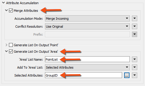 Setting the PointOnAreaOverlayer parameters to merge attributes and generate a list of point GroupIDs on the areas